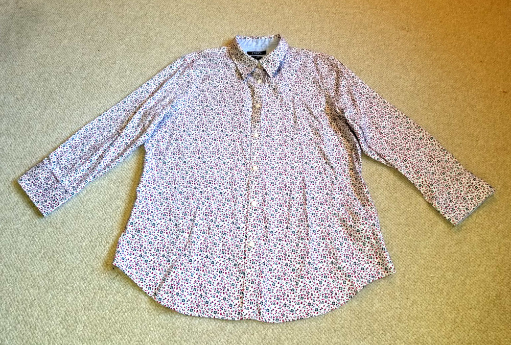 Womens Top-CHAPS RALPH LAUREN-white/red/blue floral "No Iron" button-up 3/4 sl-L